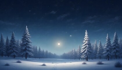 A snowy winter landscape with a forest of pine trees covered in snow under a starry night sky. The scene has a serene and peaceful atmosphere with a soft, glowing light