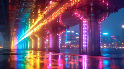 Illuminated bridge with neon lights at night.