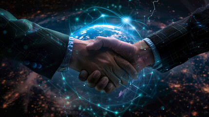 Global Agreements in the Digital Age: Businesspeople and Space Connections -..Interplanetary Alliances: Symbolic representation of global partnerships. - 790838279