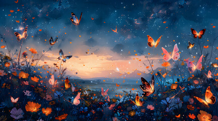 Fototapeta na wymiar Butterfly Constellations: Watercolor Odyssey Through Starry Skies and Ethereal Gardens