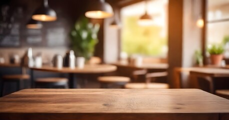 Wooden table in a cozy cafe setting, with a blurred background of chairs and decor - obrazy, fototapety, plakaty