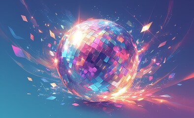 disco ball with colorful lights on it, reflecting in a mirror. Web banner with available space