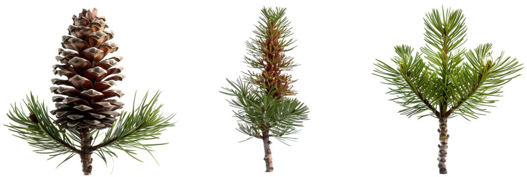 set of Mugo pine, varying in cone production and needle length, isolated on transparent background