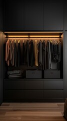 A black closet with a lighted rail and clothes hanging on it