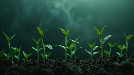 A row of neatly planted seedlings stretching towards the sky, their delicate green shoots poking through the dark earth. - obrazy, fototapety, plakaty