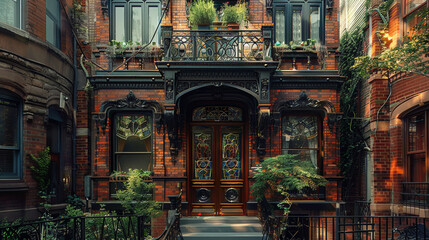 A Victorian townhouse with a decorative cast-iron balcony, stained glass windows, and intricate brickwork adorning its narrow facade.