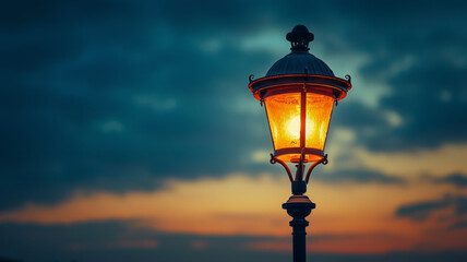 A lit streetlight against a dusk sky