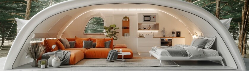 A white dome shaped home with a living room, kitchen, and bedroom