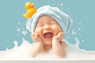 Happy baby in white bathtub with blue background, surrounded in the style of soap suds and foam - obrazy, fototapety, plakaty