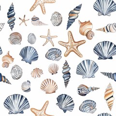 Assortment of Seashells and Starfish on White Background