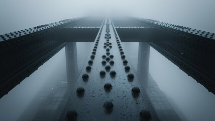 Steel bridge disappearing into fog.