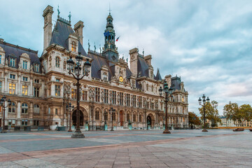 Paris City Hall building on Hotel de Ville square at sunrise with nobody. French architecture. Historical building in Paris, France. Travel destination