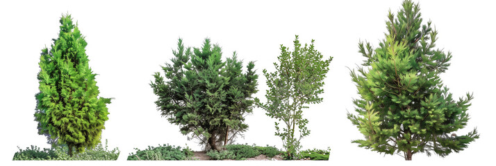 set of juniper bushes, varying from low ground covers to tall screens, displaying their adaptability, isolated on transparent background - obrazy, fototapety, plakaty