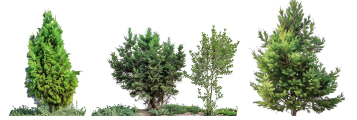 set of juniper bushes, varying from low ground covers to tall screens, displaying their adaptability, isolated on transparent background
