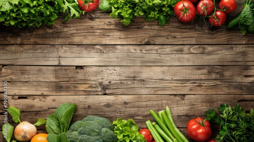 Poster fresh vegetable background on old wooden planks with copy space created with generative ai