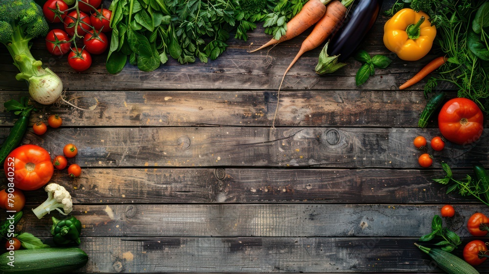Poster fresh vegetable background on old wooden planks with copy space created with generative ai