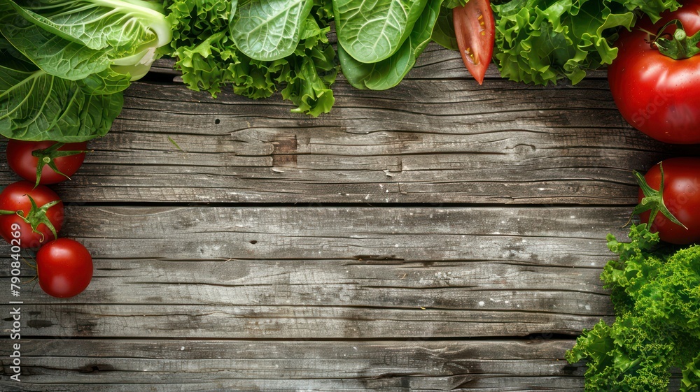 Poster fresh vegetable background on old wooden planks with copy space created with generative ai