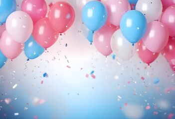 Colorful balloons in pink, blue, and white floating against a blurred background with confetti, creating a festive and celebratory