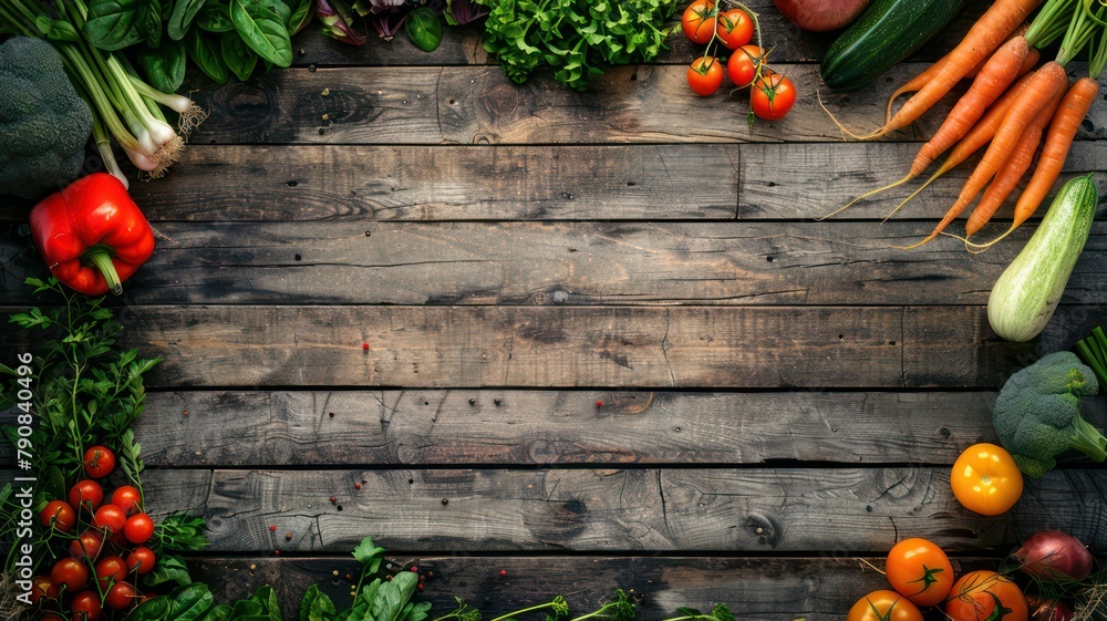 Poster fresh vegetable background on old wooden planks with copy space created with generative ai