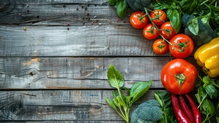 Fresh vegetable background on old wooden planks with copy space created with Generative AI