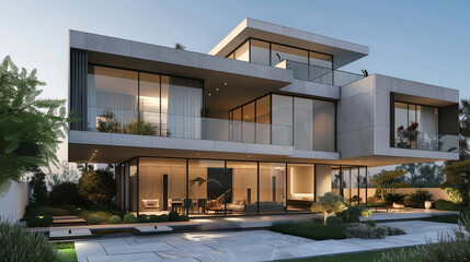 An asymmetrical yet balanced modern villa facade, exuding creativity and uniqueness in its design. 