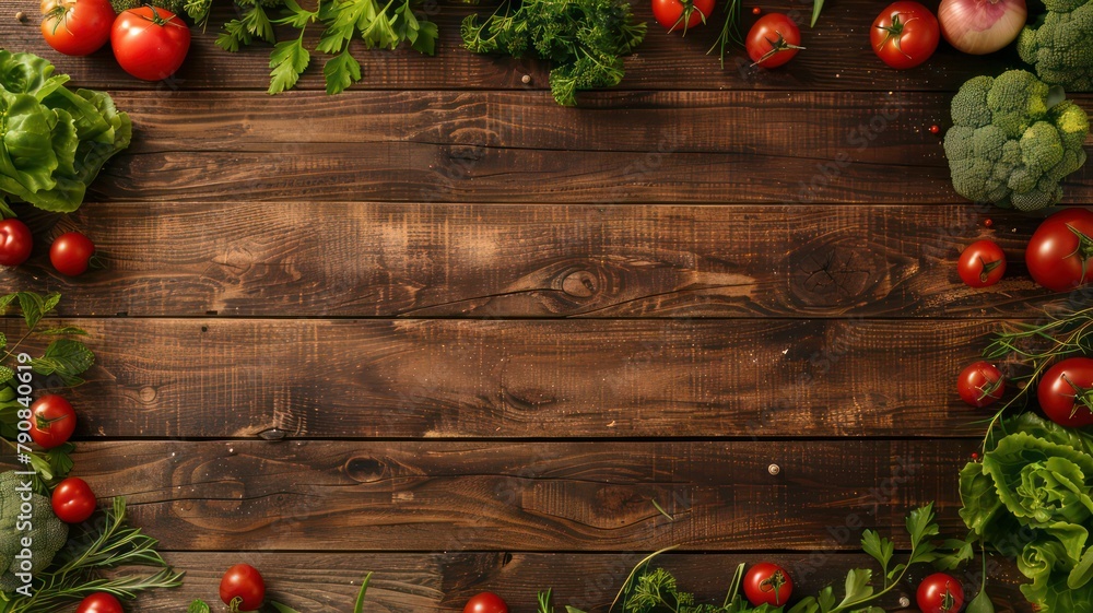 Poster fresh vegetable background on old wooden planks with copy space created with generative ai