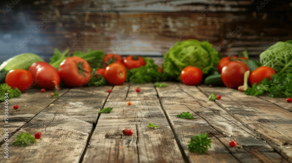 Poster fresh vegetable background on old wooden planks with copy space created with generative ai