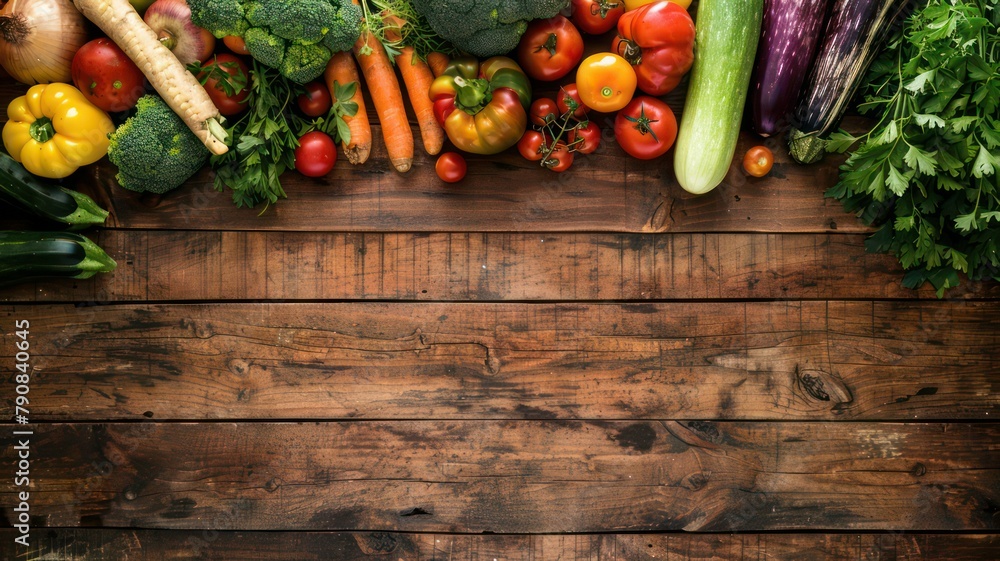 Poster fresh vegetable background on old wooden planks with copy space created with generative ai