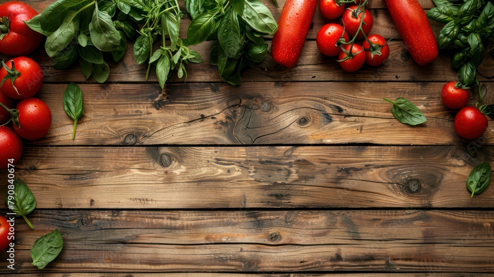 Poster fresh vegetable background on old wooden planks with copy space created with generative ai
