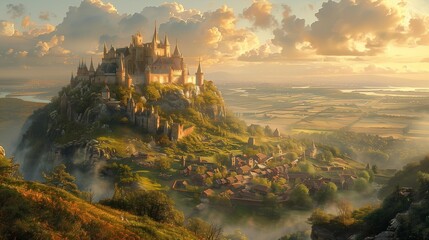 Romanticized Medieval Landscape with Castle, generative ai - obrazy, fototapety, plakaty