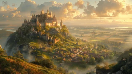 Fototapeten Romanticized Medieval Landscape with Castle, generative ai © Matus