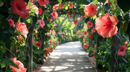 A tunnel of hibiscus flowers beckons with their tropical allure, transporting visitors to a...