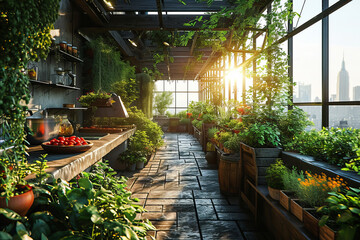 Urban Agriculture Rooftop Garden: An urban rooftop garden with a greenhouse with variety of crops.