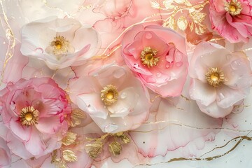 Pink and white flowers with gold accents on a white marble background.