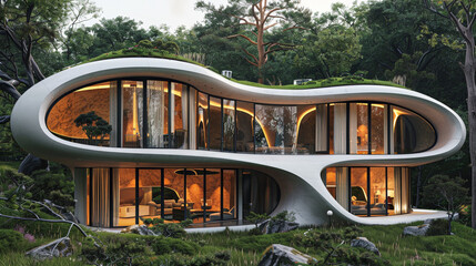A futuristic villa with a unique, organic shape, inspired by nature, featuring curved walls, large...