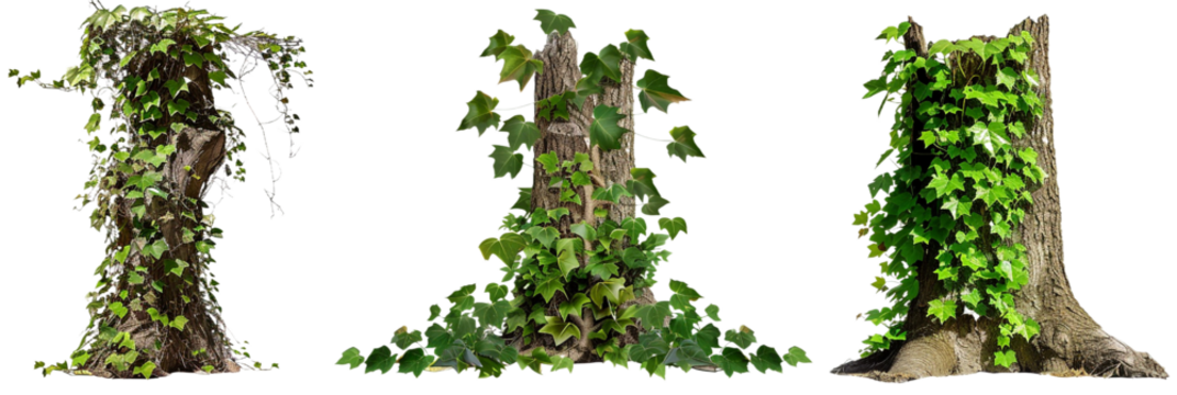set of tree trunks covered with ivy, depicting the gradual takeover by creeping vines, isolated on transparent background