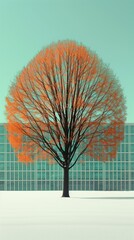 Modern building facade with vibrant tree: solitary tree with fiery orange leaves stands before a contemporary building with a patterned glass facade