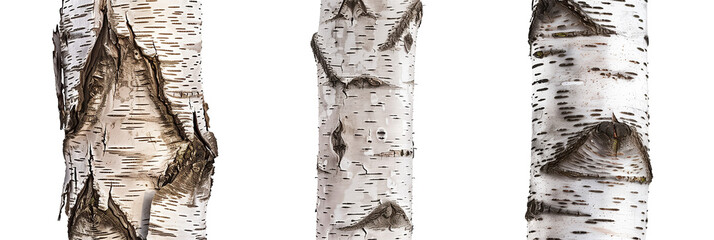 set of birch tree trunks, each characterized by unique peeling patterns and silvery bark, isolated...