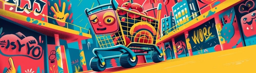 Animated shopping carts racing towards checkout, playful representation of the buying frenzy  43 - obrazy, fototapety, plakaty