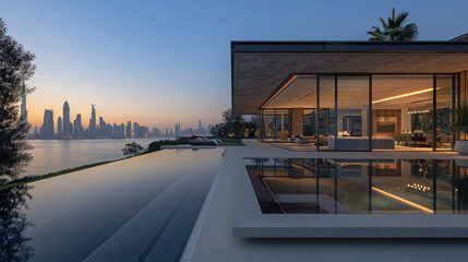 A luxurious villa with a sleek, minimalist exterior, featuring a flat roof, large windows, and a...