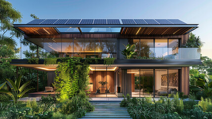 A modern villa designed for sustainability, featuring solar panels, rainwater harvesting systems,...