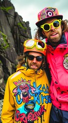 Obraz na płótnie Canvas Adventure buddies on a thrilling mountain hike, summit selfie, shared triumph 11