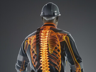 3D model of a construction worker's back, showing muscles strained under the weight of heavy lifting.