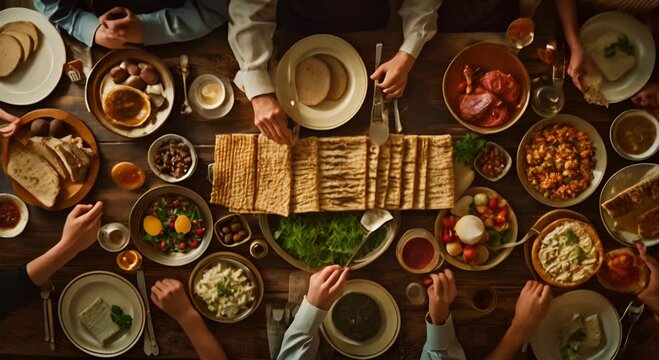 Passover feast: a top view of a family sitting around a table featuring traditional matzo, dishes