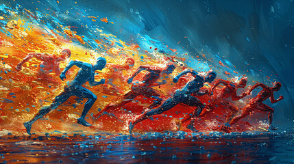 color illustration of the Olympic Games, athletes running to the finish line, Generative AI. - obrazy, fototapety, plakaty