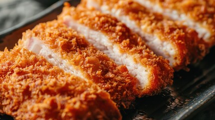 Top view of tasty Japanese food deep fried pork cutlet on dark plate. AI generated image