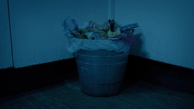 Full Garbage Can In Dark Kitchen