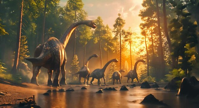 Brachiosaurus herd, sauropod walking in search of food. Jurassic period, Mesozoic era.