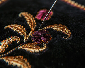 Close view of a sewing needle forming delicate stitches on a black velvet clutch, plum and butterscotch embroidery adding elegance.
