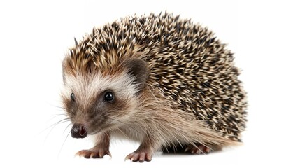 Fototapeta premium Cute Baby Hedgehog Isolated on White Background. Full Frontal View of Wild Animal with Bristles and Fur. Closeup Shot 